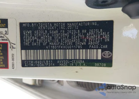 2012 Toyota Camry Hybrid Xle из США, поврежденный, VIN 4T1BD1FKXCU011785